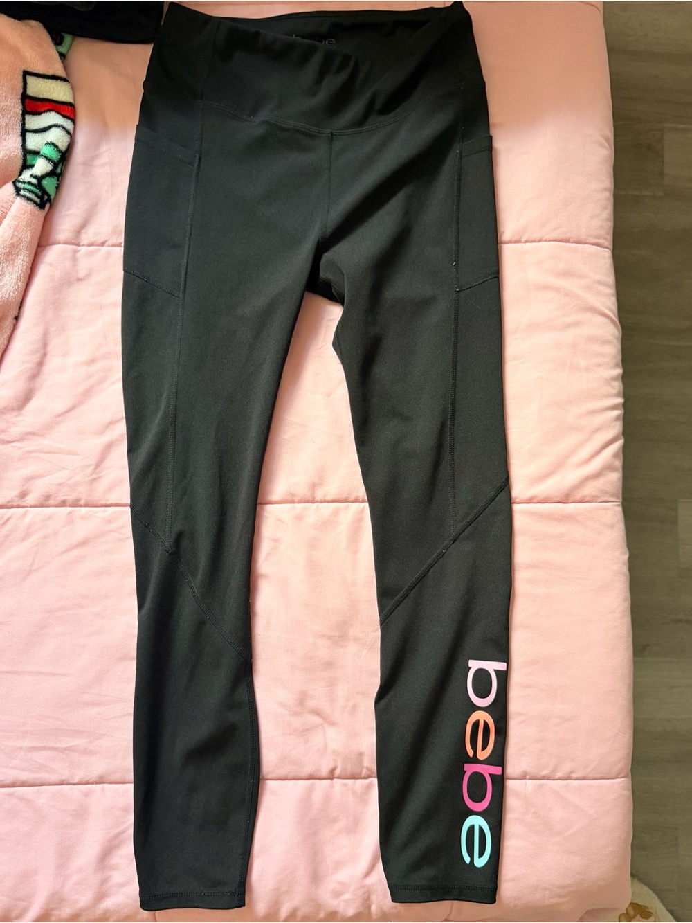 bebe Black Leggings with Multicolor Logo Down Leg